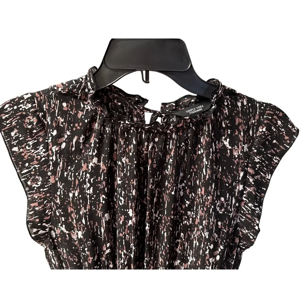 Simply Vera Vera Wang Dress XS Black‎ Sleeveless Ruffle Neck Abstract Print